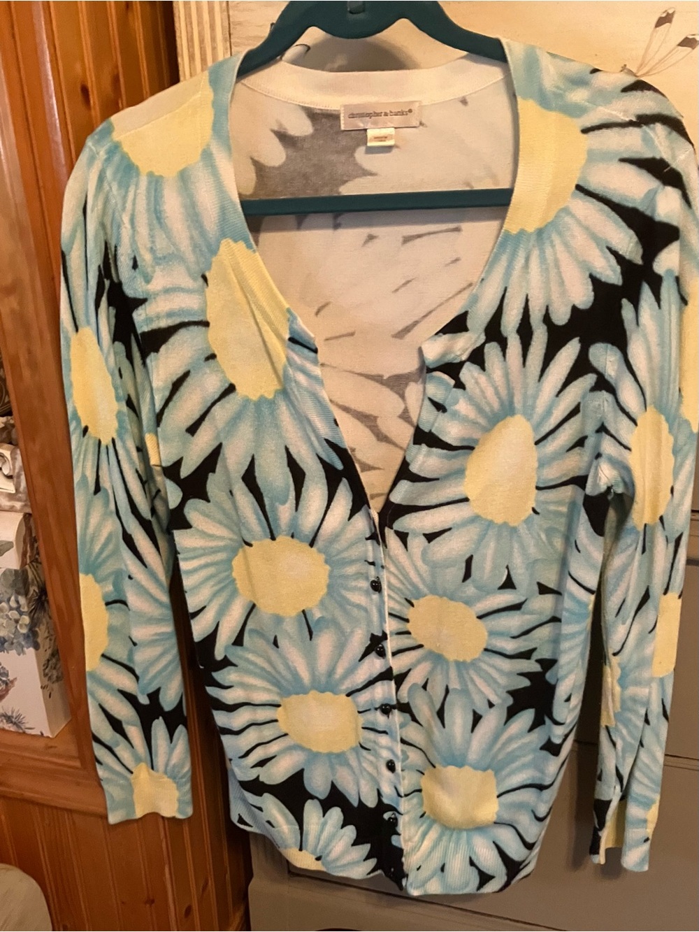 Christopher & Banks Black, Light Blue & Yellow Daisy Print Cardigan